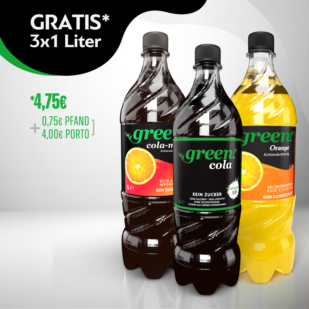 Gratis - Probierpaket Green Cola+Cola-Mix+Orange 3x1000ml DPG