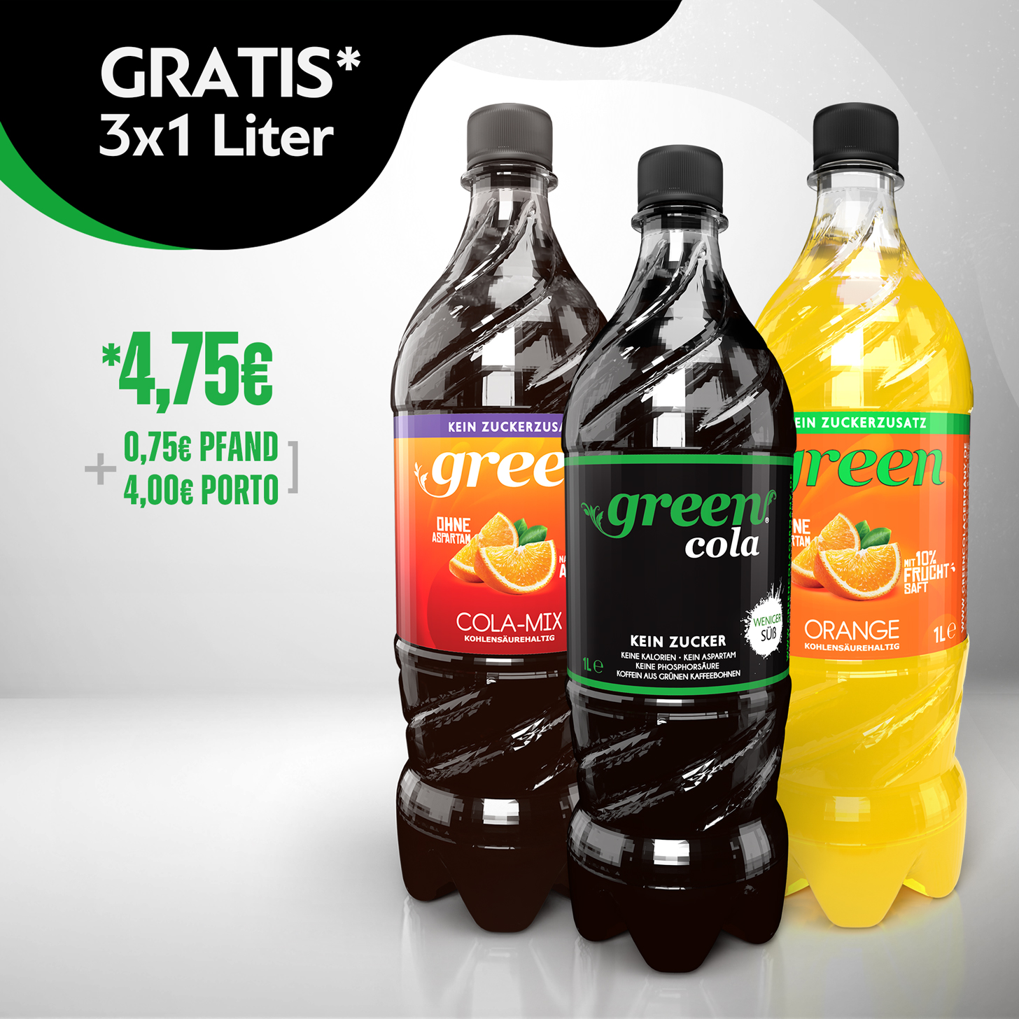 Gratis - Probierpaket Green Cola+Cola-Mix+Orange 3x1000ml DPG